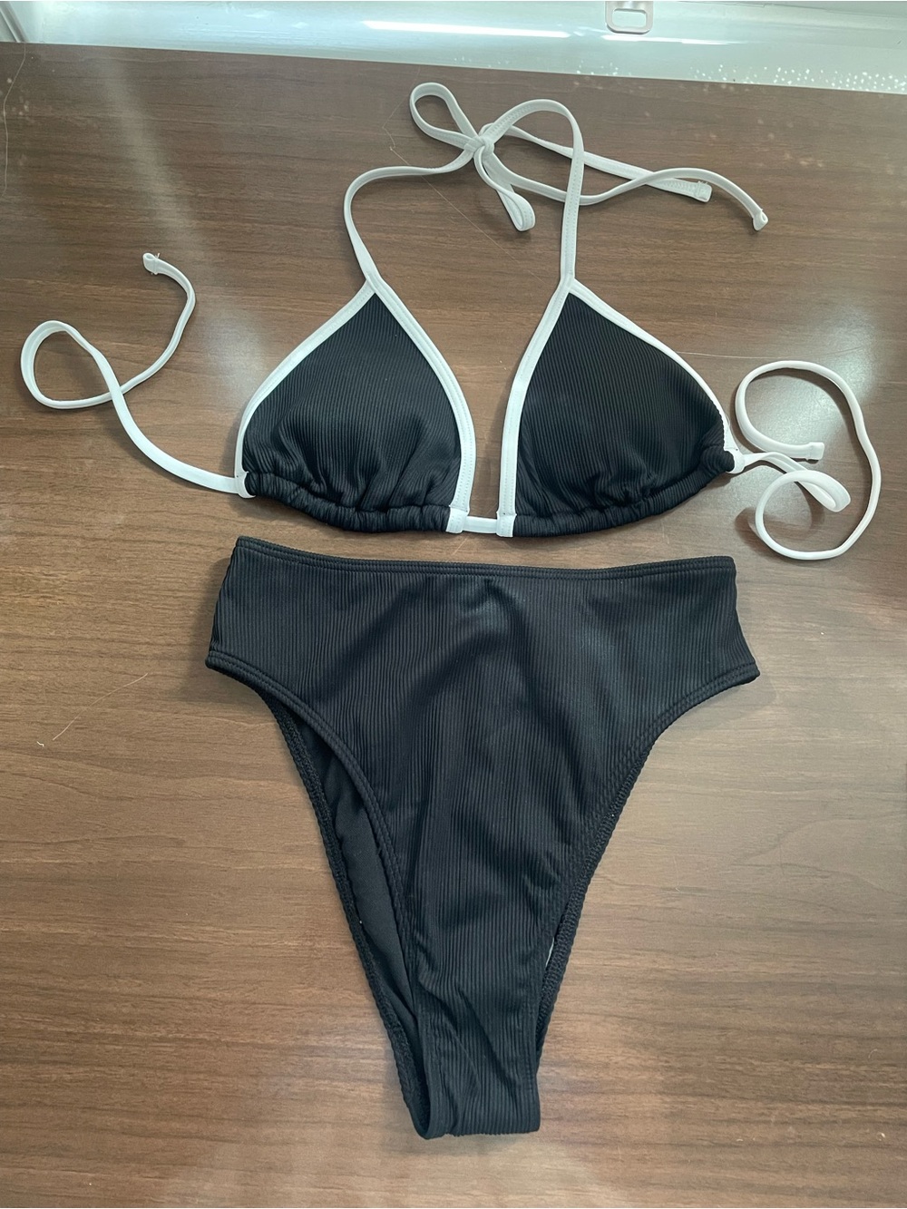 Gilly Hicks Black Ribbed Two-Piece Bikini with White Trim